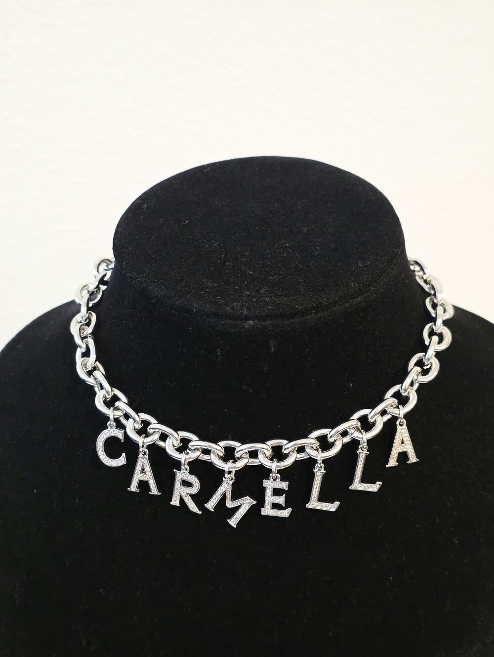 CUSTOM NAME CHAIN NECKLACE,  Cz Diamond Name "CARMELLA" 14"+2"  New